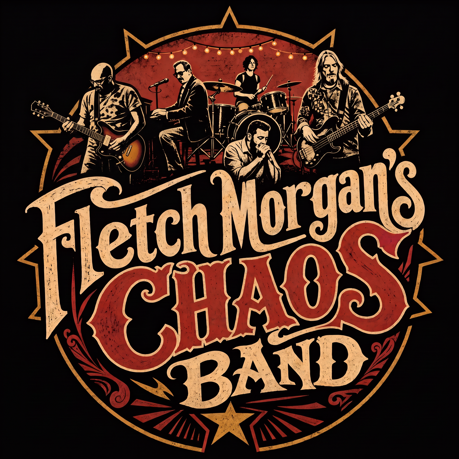 Fletch Morgan's Chaos Band circular logo, illustration of the band performing on stage